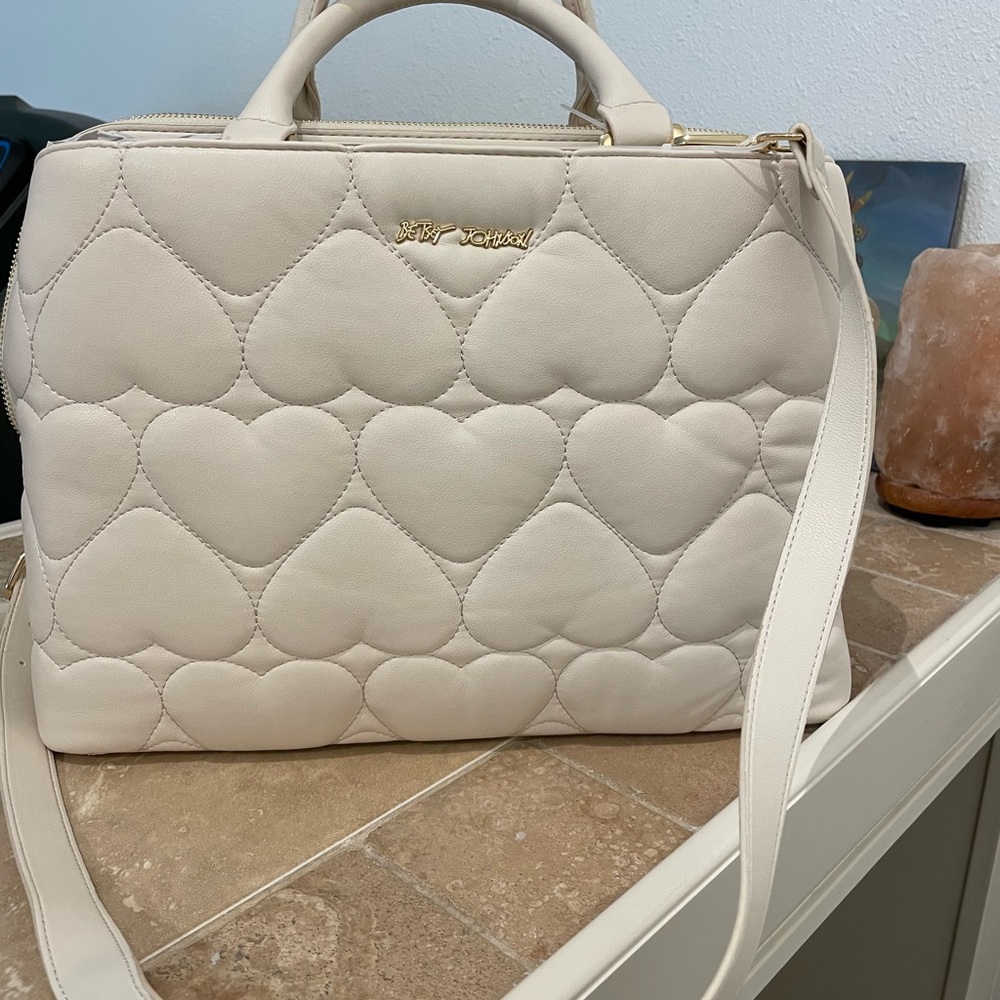 New Betsey Johnson Cream Quilted Satchel with Heart Pattern NWT